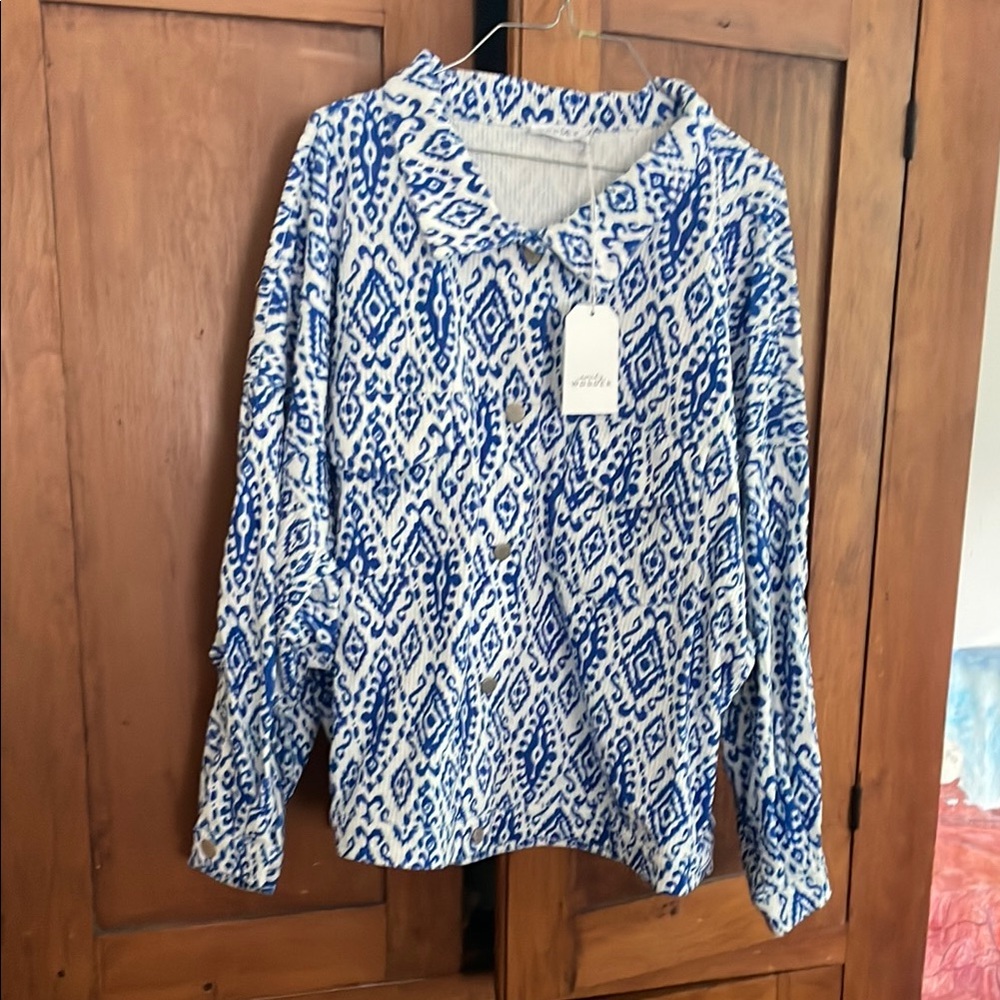 Blue and White Relaxed Long Sleeve Button Down Shirt